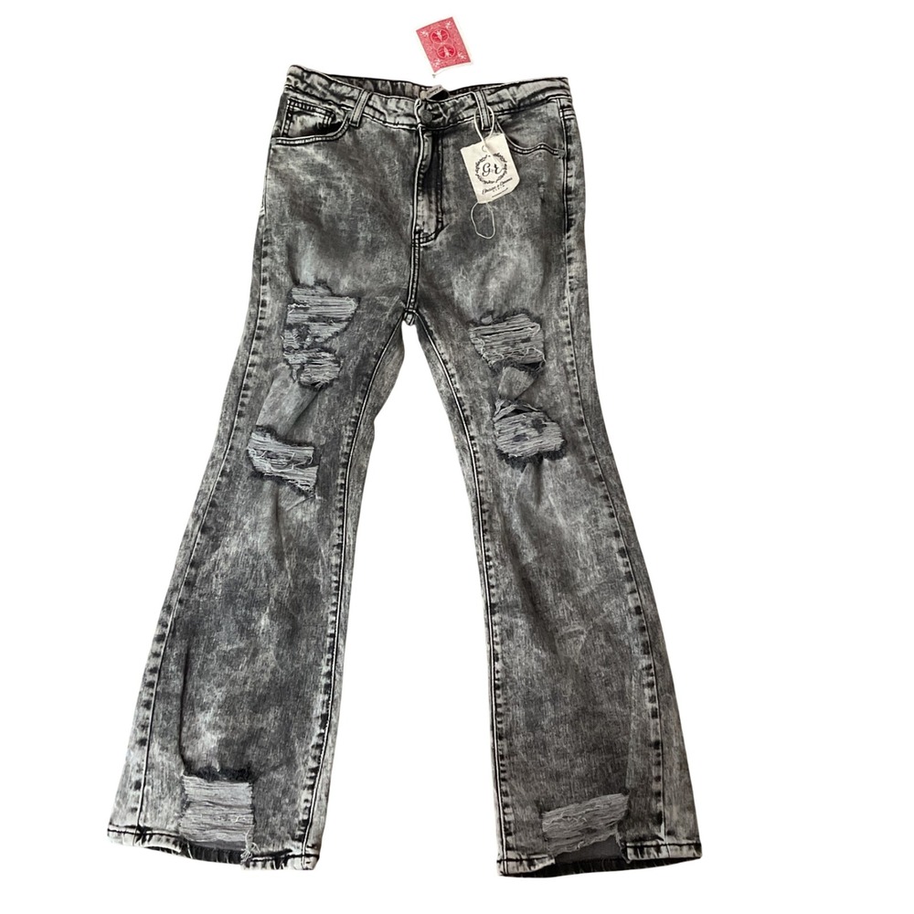 Grace‎ & Emma The Blake Stone Jeans Acid Wash Grey Distressed Flare Wide Leg NEW